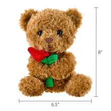 Brown plush bear seated, holding a red rose with green leaves