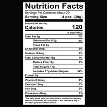 Nutrition facts label for gourmet mixed nut brittle, serving size 4 pcs