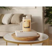 Single-wick scented jar candle on wooden stand, amber wax in clear glass