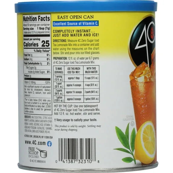 4C Zero Sugar Half & Half Iced Tea/Lemonade Mix 13.9 oz. Canister
