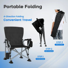 Black folding camping chair with four-direction folding design and carry bag for storage.