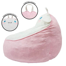 Kids' compressed foam bean bag chair with Cinnamoroll face, pink and white, carrying handle