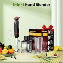 Red-and-black 5-in-1 hand blender with beaker, chopper cup, and whisk