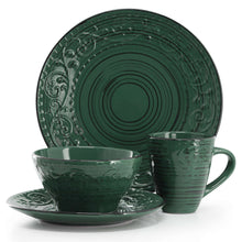 Dark green 16-piece dinnerware set: plates, bowls and mugs with embossed medallion