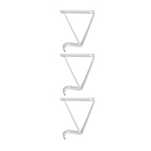 Three white closet rod wall brackets with triangular frame and curved hooks