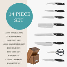 Assorted kitchen knives with black handles and stainless blades beside a wooden knife block