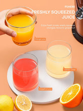Electric citrus juicer with stainless base and clear cup holding yellow orange juice