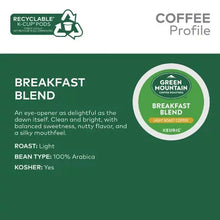 Green Mountain Breakfast Blend K-Cup pod insert with coffee profile and roast info
