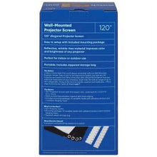 Wall-mounted projector screen packaging box with label and accessory diagram