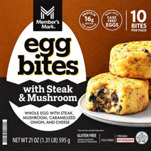 Member's Mark steak and mushroom egg bites package, showing two bites and product details