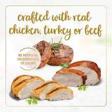 Cat food label with crafted real chicken, turkey, or beef and no artificial preservatives