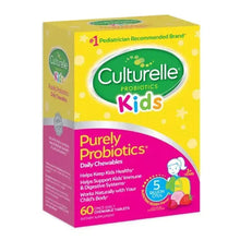 Culturelle Kids probiotic chewable tablets box, front view with dosage and age icons