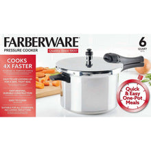 Stovetop pressure cooker with polished metal lid and black side handles