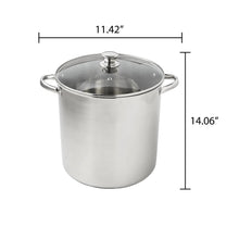 Stainless steel stock pot with clear glass lid, size shown