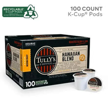 Tully's Hawaiian Blend K-Cup pod box with two white pod cups and black lids