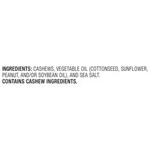 Ingredients list for cashews with vegetable oil and sea salt