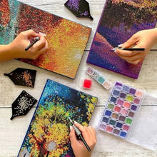 Diamond painting activity set with several canvases, styluses, and diamond trays