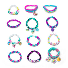 Colorful beaded bracelet set with various charms, 9 bracelets shown on white