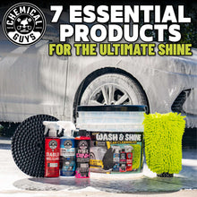 Car wash kit display with wash & shine bucket, cleaning bottles, and foam pads