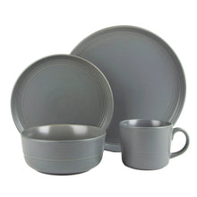 Matte gray stoneware plates, bowl, and mug set with concentric rim details
