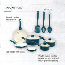 Blue ceramic nonstick cookware set with silicone-grip handles and durable riveted fittings