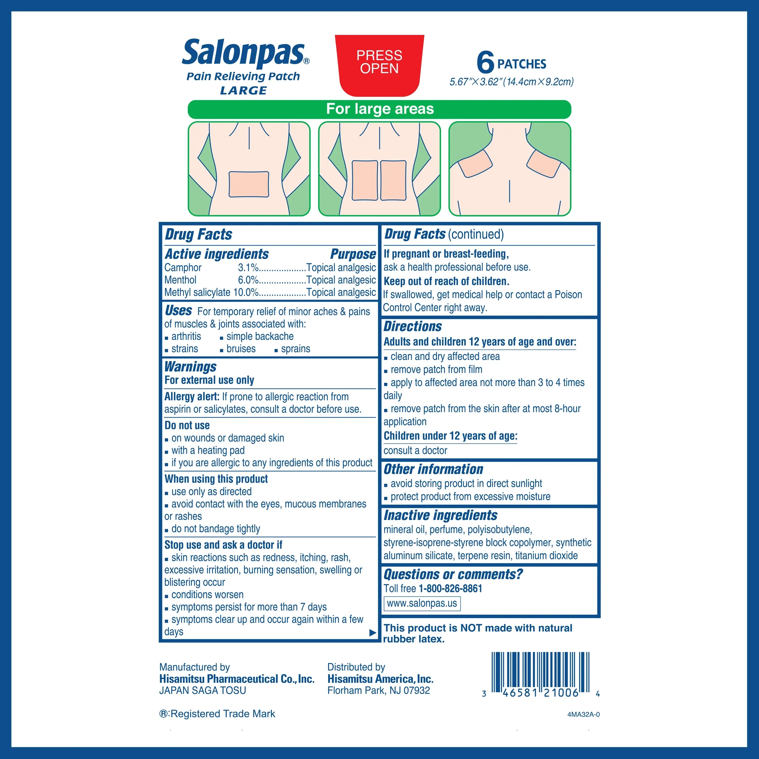 Salonpas 8 Hour Pain Relief Patch with Camphor 3.1% & Menthol 6% for Back & Muscles, Large, 6 Count
