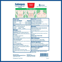 Large pain relief patch label panel with drug facts, purpose, and warnings