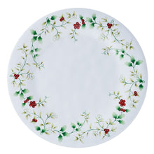 Round melamine dinner plate with white base and green holly berry floral border