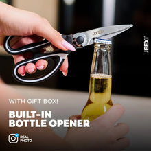 Kitchen scissors with built-in bottle opener, black and red handles