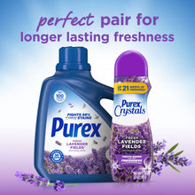 Purex liquid detergent bottle and lavender crystals bottle, both with floral purple graphics.