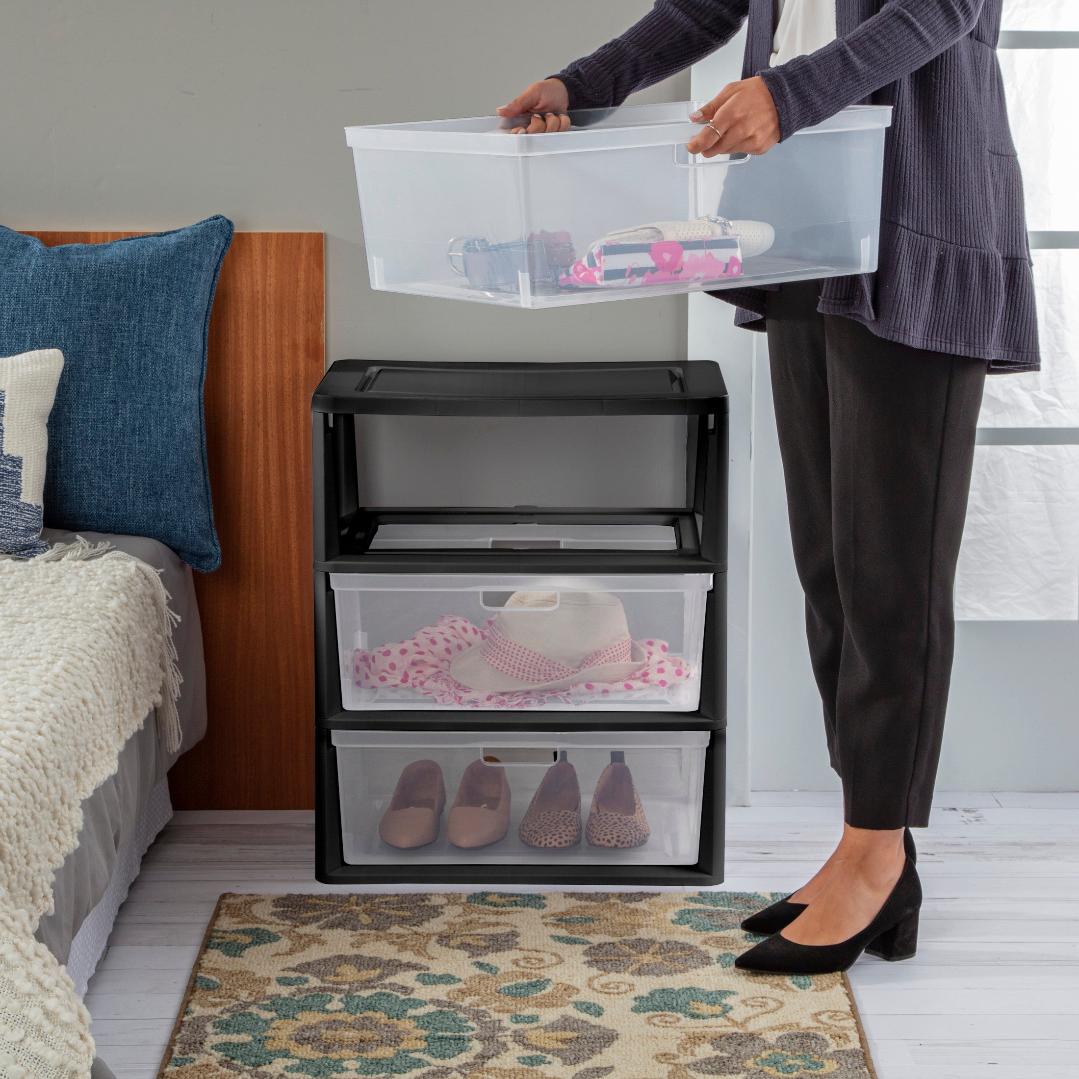 Sterilite Wide 3 Drawer Tower, Plastic Storage Organizer with Removable Clear Bins, Easy to Assemble - No Tools Needed, Black