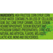 Ingredients panel listing high fructose corn syrup, caramel color, and preservatives