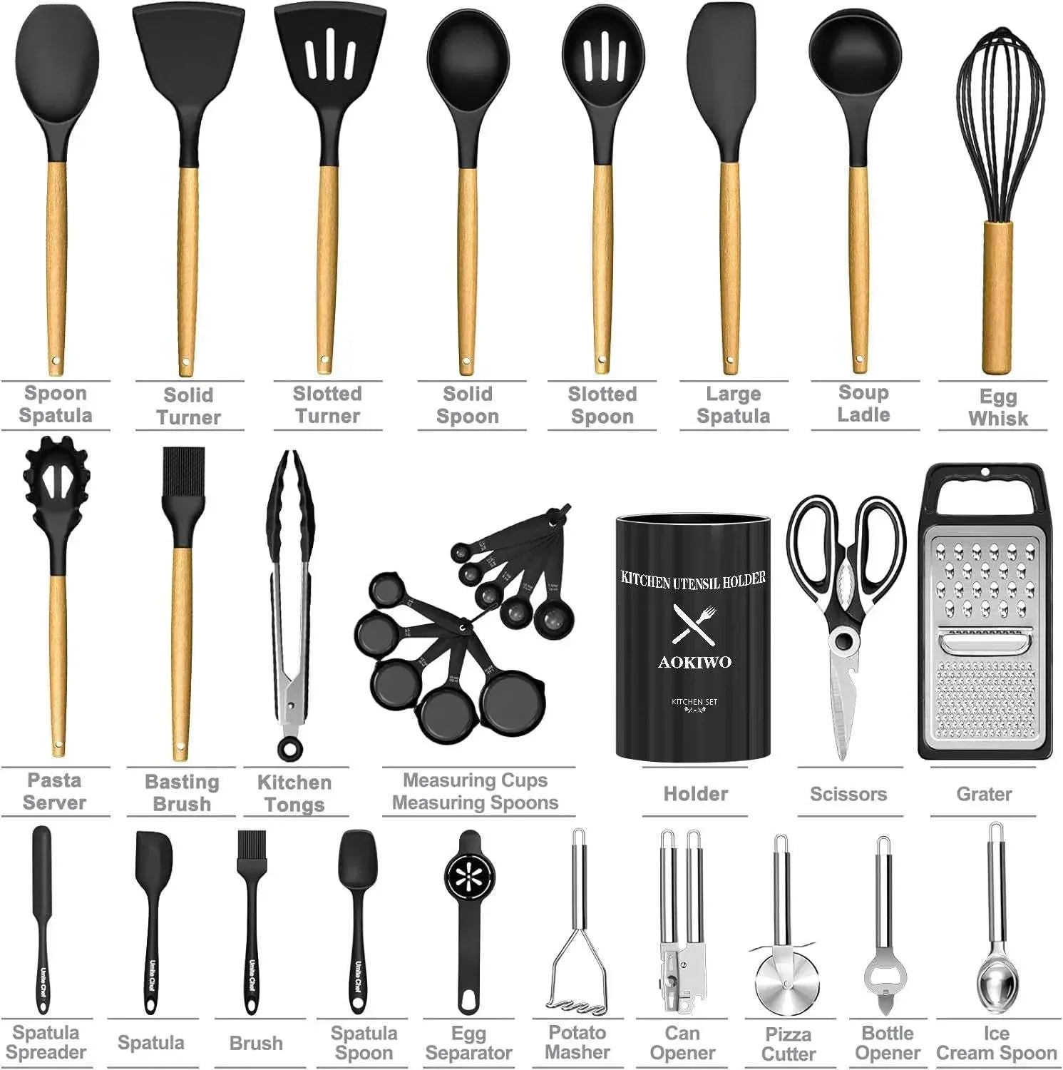 AOKIWO Kitchen Utensils Set- 34PCS Silicone Cooking Utensil Set with Wooden Handles, Heat Resistant Kitchen Spatula Gadgets Tools Set for Nonstick Cookware-Black