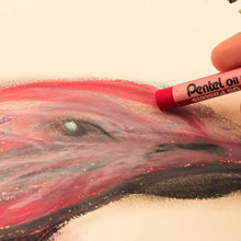 Red Pentel oil pastel stick blending on light paper with textured color