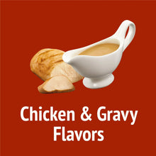 Chicken and gravy cat treat flavors graphic with kibble and white gravy scoop