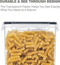 Transparent plastic pantry canister with clear lid, filled with dry pasta
