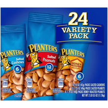Planters 24-count variety pack box showing salted cashews, salted peanuts, and honey roasted peanuts