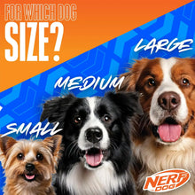 Nerf Dog X-Weave squeak soccer ball size guide with dog faces.