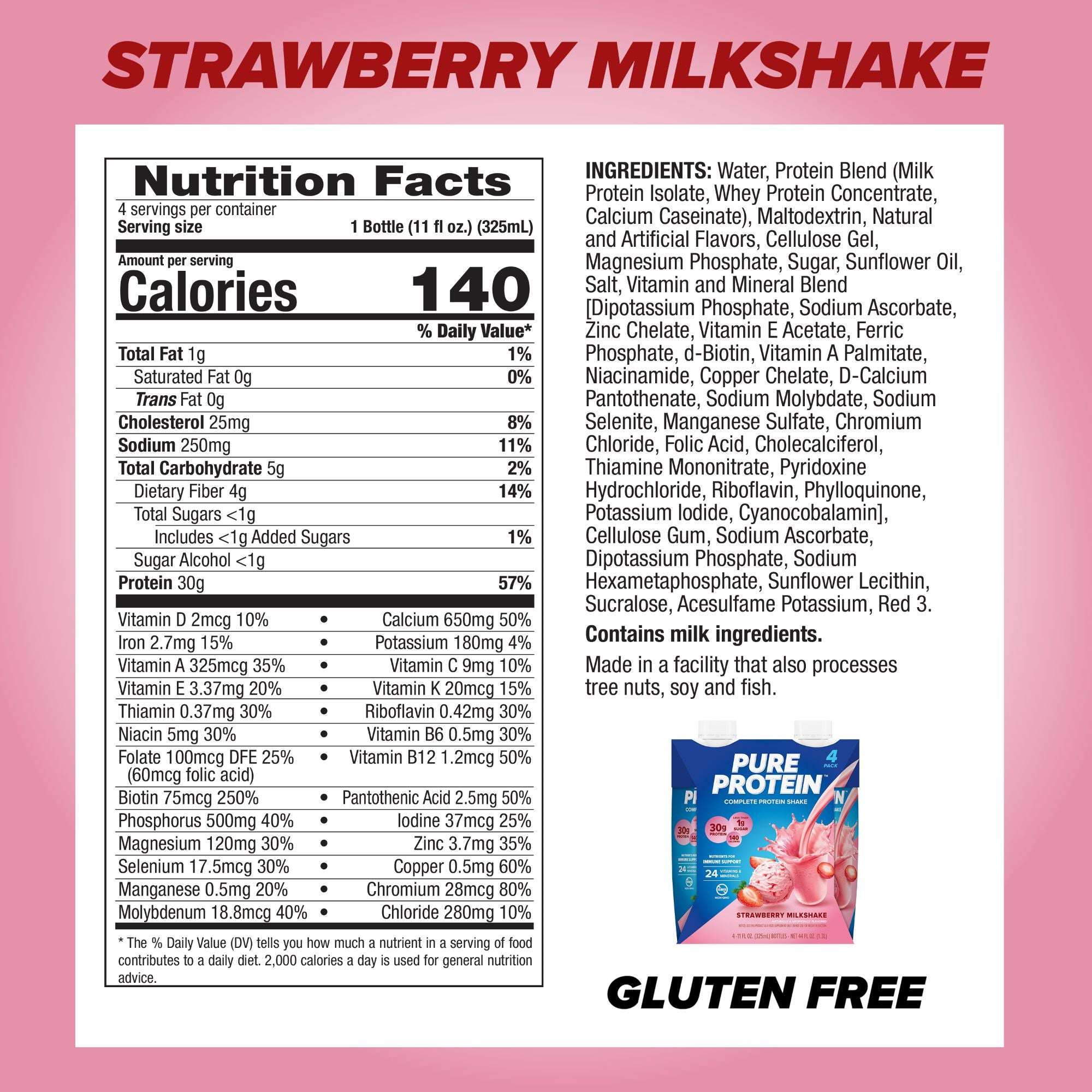 Pure Protein Shake, Strawberry Milkshake, 30g Protein, 11 fl oz, 4 Count