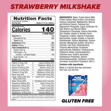 Nutrition Facts and ingredients panel for strawberry milkshake protein shake carton