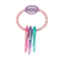 Baby teether keyring with Nuby badge and hanging pink, purple, and teal keys