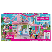 Dollhouse playset packaging with interior illustration, dolls, and accessories shown