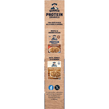 Quaker Protein Granola side panel listing flavors, including maple & brown sugar