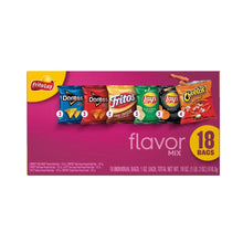 Snack chip variety pack box front panel with mixed chip bags and 18 bags label