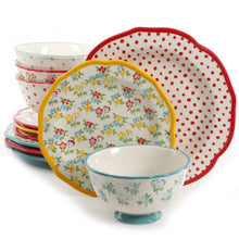Dinnerware bowl set with floral and red polka-dot patterns, stacked bowls