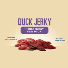 Duck jerky premium dog treats panel with real duck badge and dried strips
