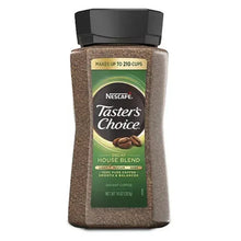 Decaf instant coffee container with House Blend label on 14 oz bottle