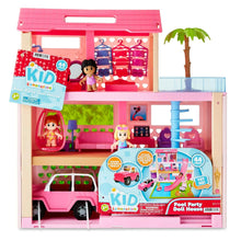 Pink dollhouse playset box with pool party theme, dolls, slide, and accessories