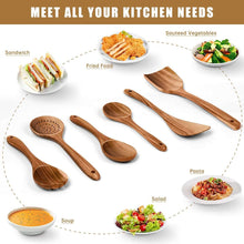 Teak wood utensil assortment with spoon, spatula, fork, and skimmer