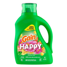 Gain Happy liquid laundry detergent jug, green with floral Hibiscus Hula label, 88 fl oz
